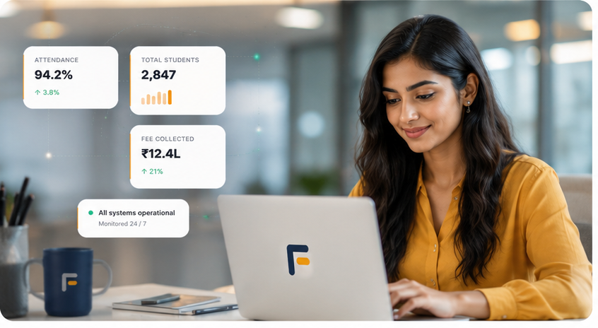 उपयोग में live operations dashboard, attendance, students और fees एक नज़र में