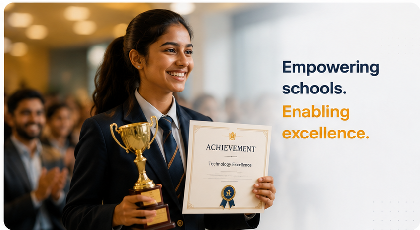 अपनी achievement award के साथ खुश एक छात्रा